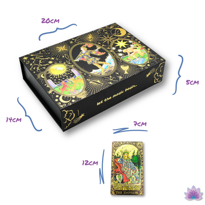 Gold Foil Tarot Deck • Deluxe Box + Witchy Gift Set & Beginner's Guidebook • Premium Golden Wear-Resistant Cards + Wooden Stand, Feathers, Crystals, Bell, Tablecloth, Bag • Apollo Tarot Shop