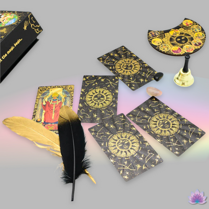 Gold Foil Tarot Deck • Deluxe Box + Witchy Gift Set & Beginner's Guidebook • Premium Golden Wear-Resistant Cards + Wooden Stand, Feathers, Crystals, Bell, Tablecloth, Bag • Apollo Tarot Shop