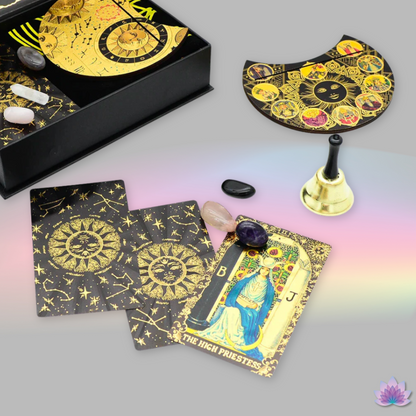 Gold Foil Tarot Deck • Deluxe Box + Witchy Gift Set & Beginner's Guidebook • Premium Golden Wear-Resistant Cards + Wooden Stand, Feathers, Crystals, Bell, Tablecloth, Bag • Apollo Tarot Shop