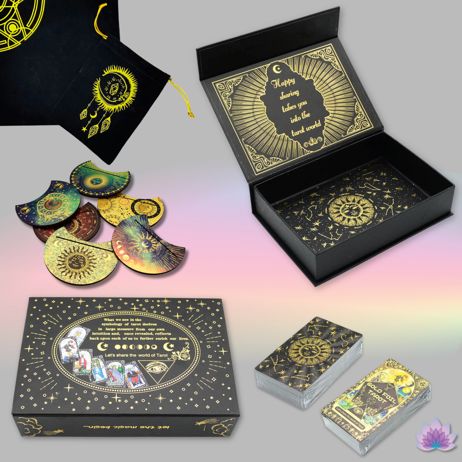 Gold Foil Tarot Deck • Deluxe Box + Witchy Gift Set & Beginner's Guidebook • Premium Golden Wear-Resistant Cards + Wooden Stand, Feathers, Crystals, Bell, Tablecloth, Bag • Apollo Tarot Shop