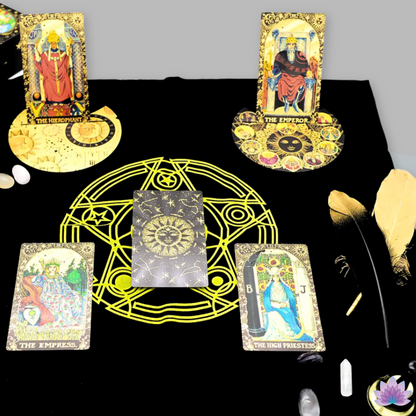 Gold Foil Tarot Deck • Deluxe Box + Witchy Gift Set & Beginner's Guidebook • Premium Golden Wear-Resistant Cards + Wooden Stand, Feathers, Crystals, Bell, Tablecloth, Bag • Apollo Tarot Shop