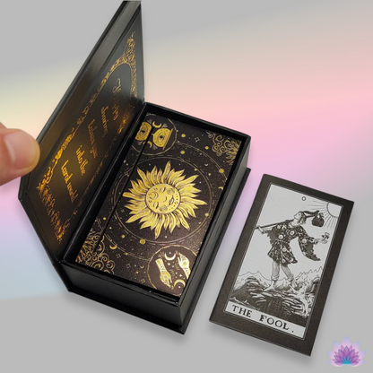 Gold Foil Tarot Deck On A Luxury Box With Wooden Card Stand And Guidebook For Beginner Divination Witch • Traditional Waite Premium Colored PVC Cards With Black Background And Gold Lines • Apollo Tarot Shop