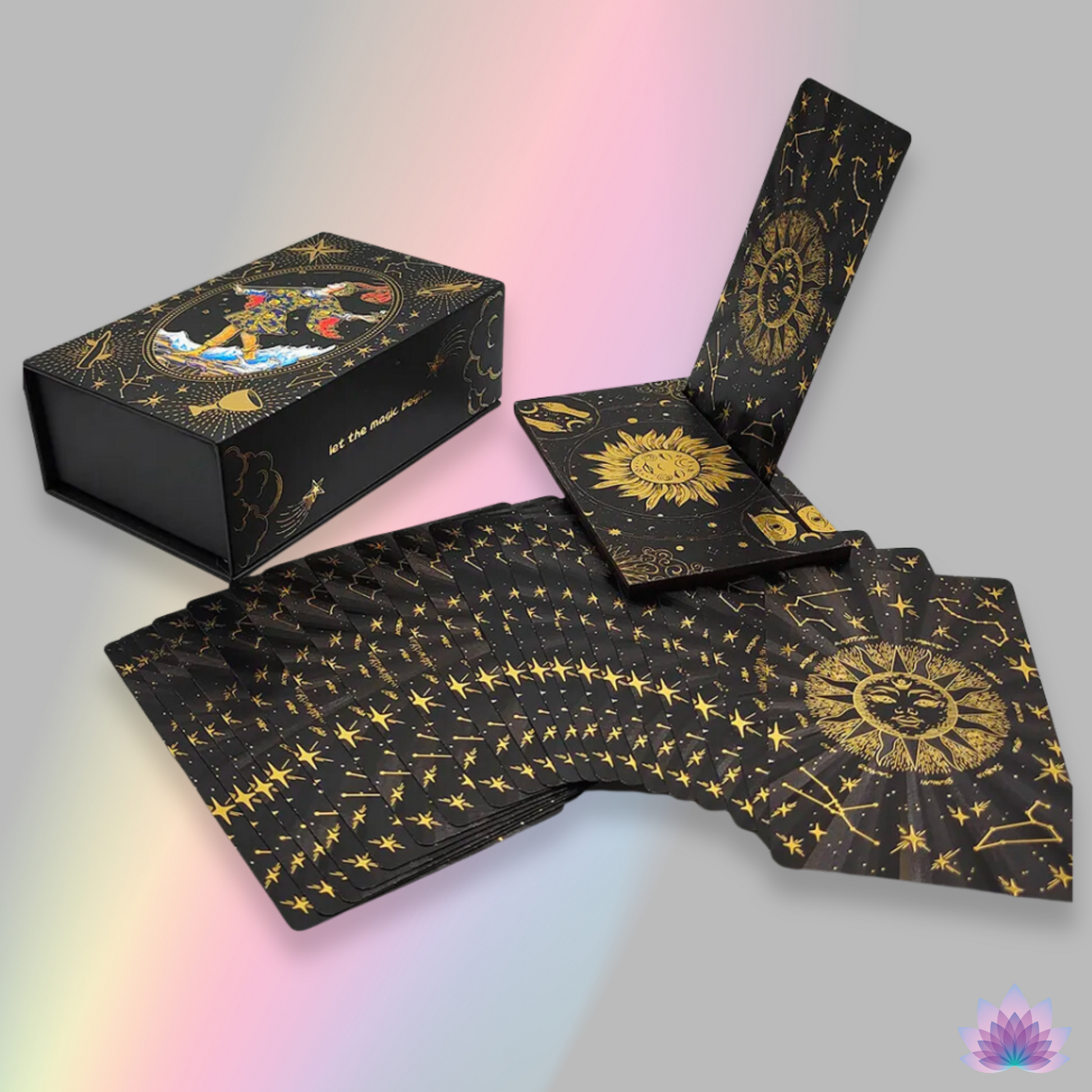 Gold Foil Tarot Deck On A Luxury Box With Wooden Card Stand And Guidebook For Beginner Divination Witch • Traditional Waite Premium Colored PVC Cards With Black Background And Gold Lines • Apollo Tarot Shop