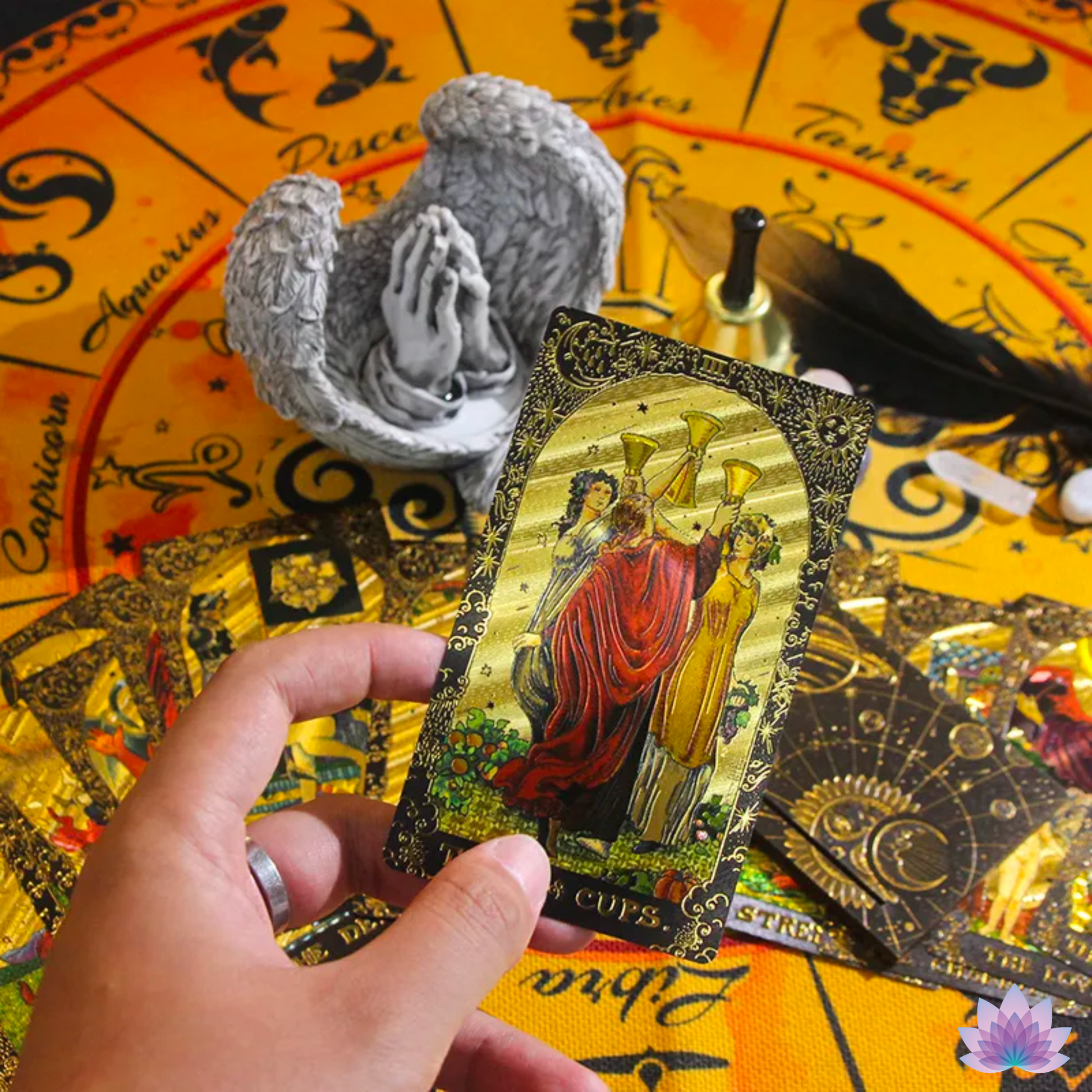 Gold Foil Tarot Deck On A Luxury Box With Wooden Card Stand And Guidebook For Beginner Divination Witch • Traditional Waite Premium Colored PVC Cards With Black Background And Gold Lines • Apollo Tarot Shop