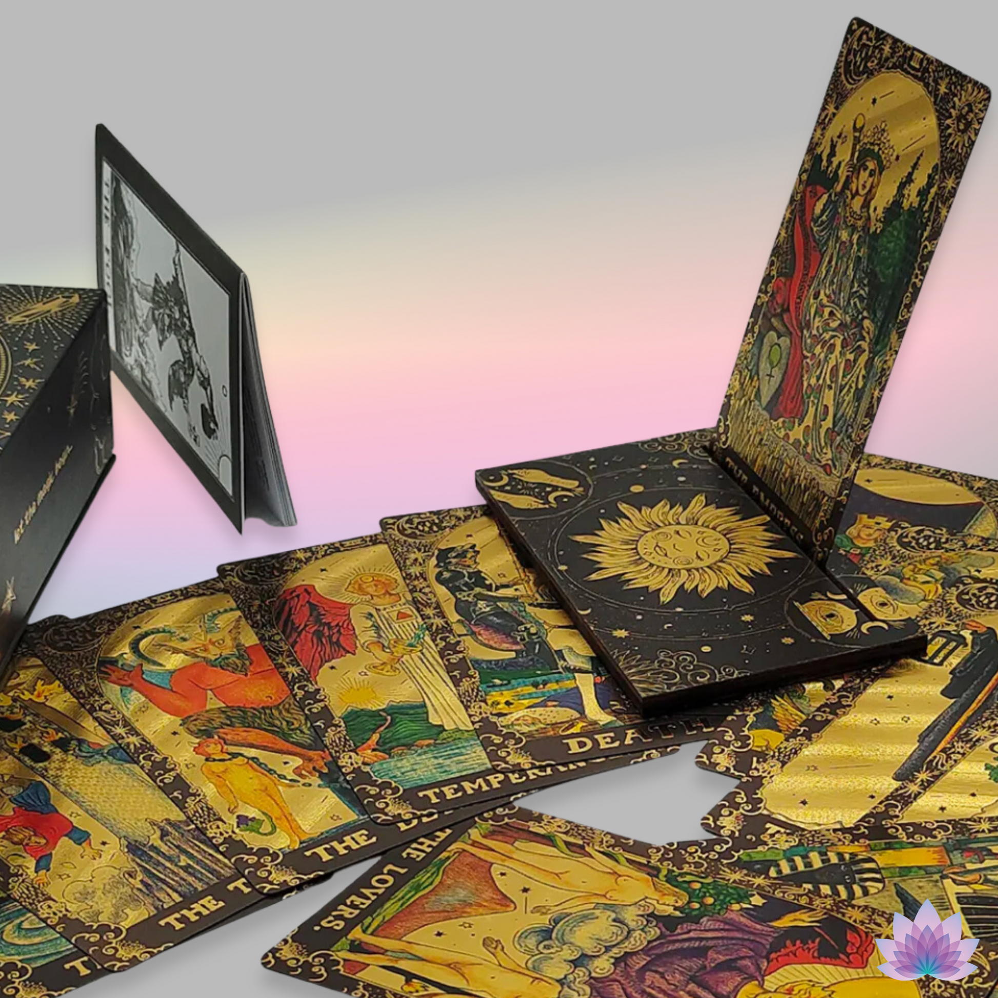 Gold Foil Tarot Deck On A Luxury Box With Wooden Card Stand And Guidebook For Beginner Divination Witch • Traditional Waite Premium Colored PVC Cards With Black Background And Gold Lines • Apollo Tarot Shop