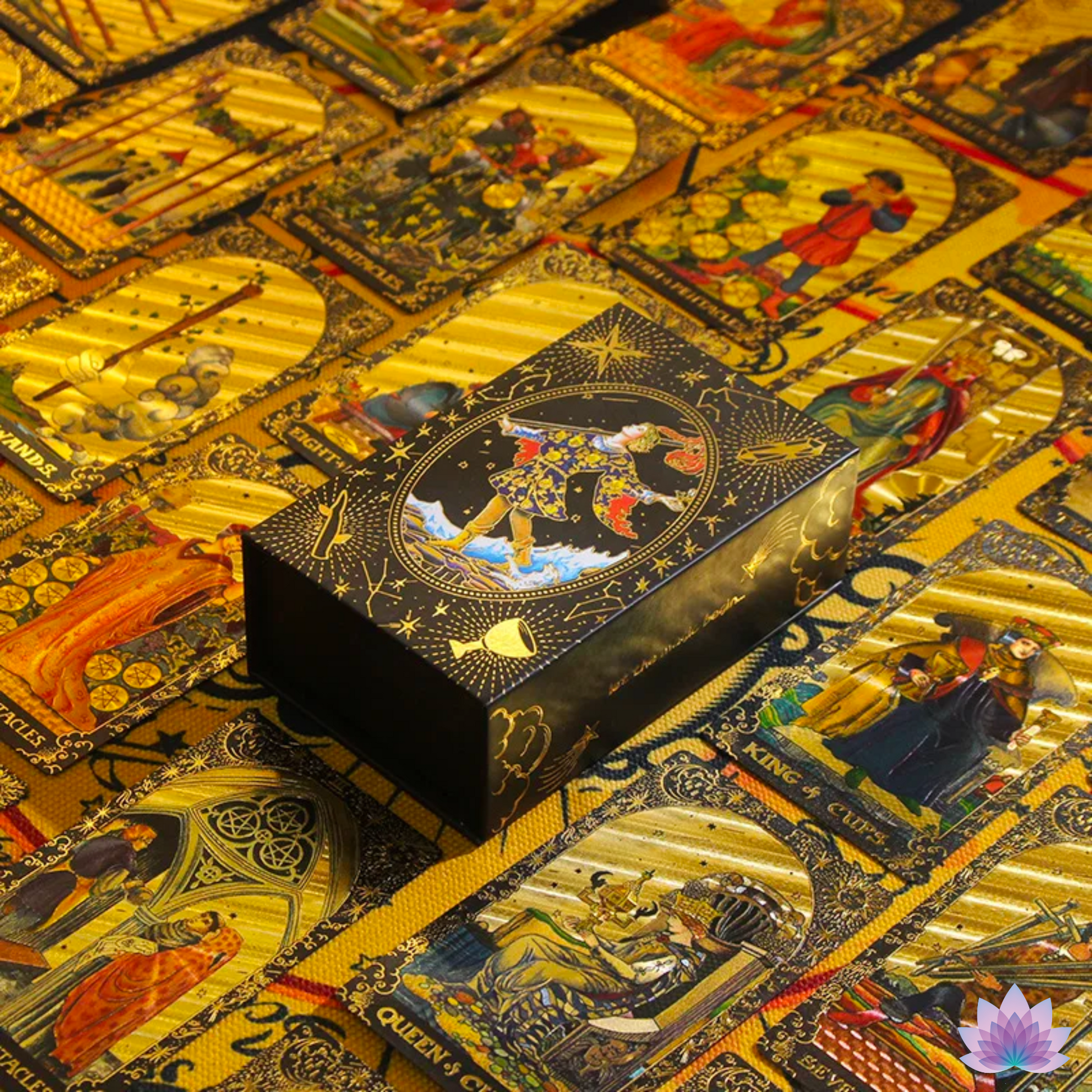 Gold Foil Tarot Deck On A Luxury Box With Wooden Card Stand And Guidebook For Beginner Divination Witch • Traditional Waite Premium Colored PVC Cards With Black Background And Gold Lines • Apollo Tarot Shop