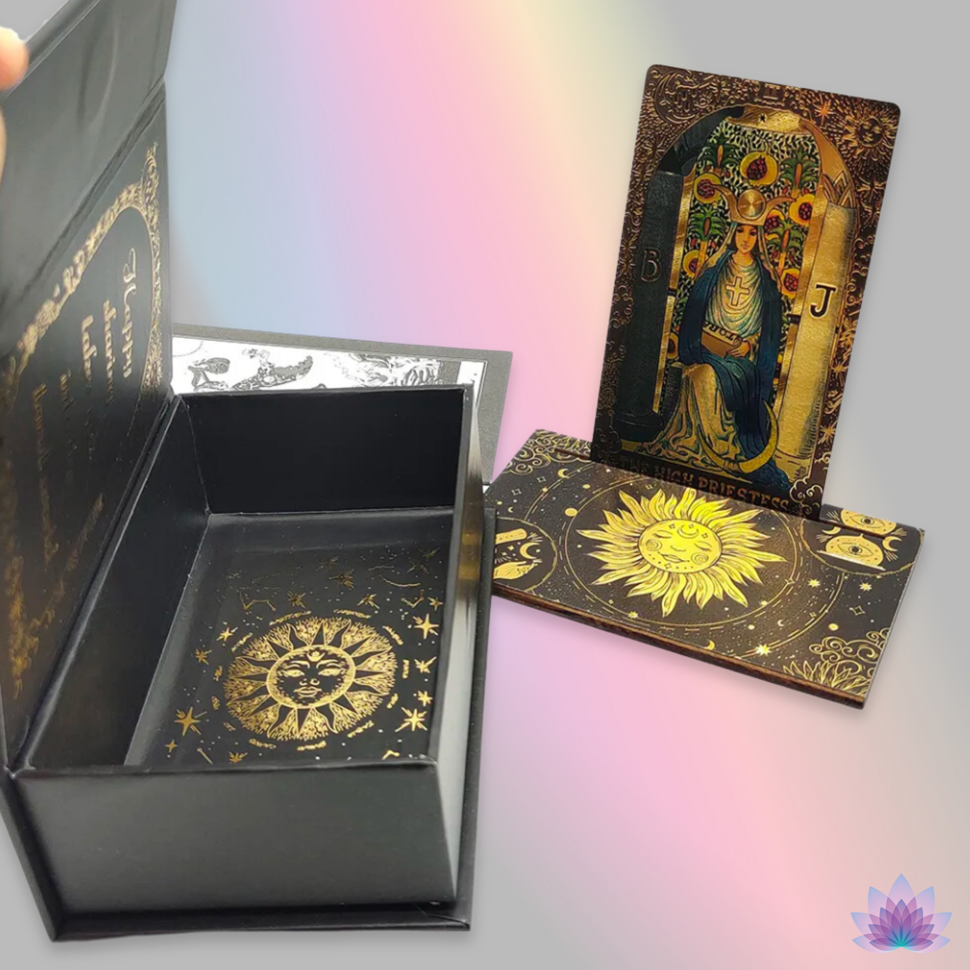 Gold Foil Tarot Deck On A Luxury Box With Wooden Card Stand And Guidebook For Beginner Divination Witch • Traditional Waite Premium Colored PVC Cards With Black Background And Gold Lines • Apollo Tarot Shop