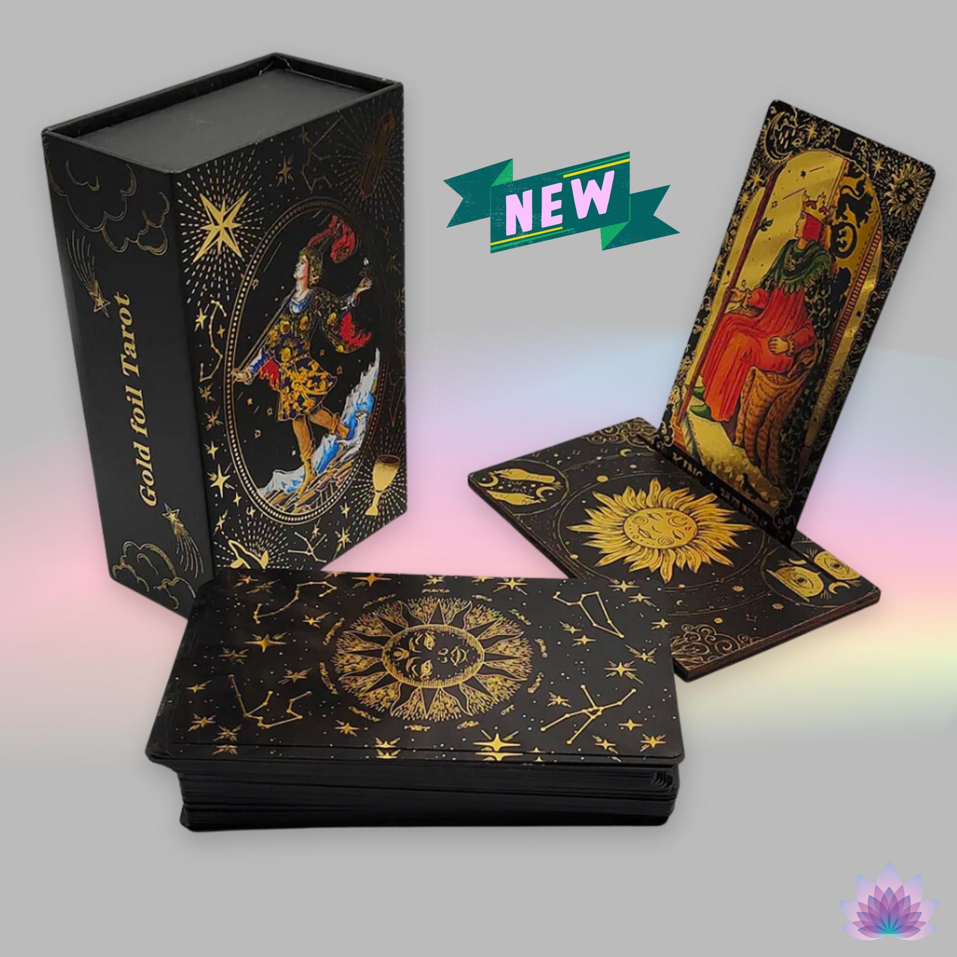 Gold Foil Tarot Deck On A Luxury Box With Wooden Card Stand And Guidebook For Beginner Divination Witch • Traditional Waite Premium Colored PVC Cards With Black Background And Gold Lines • Apollo Tarot Shop