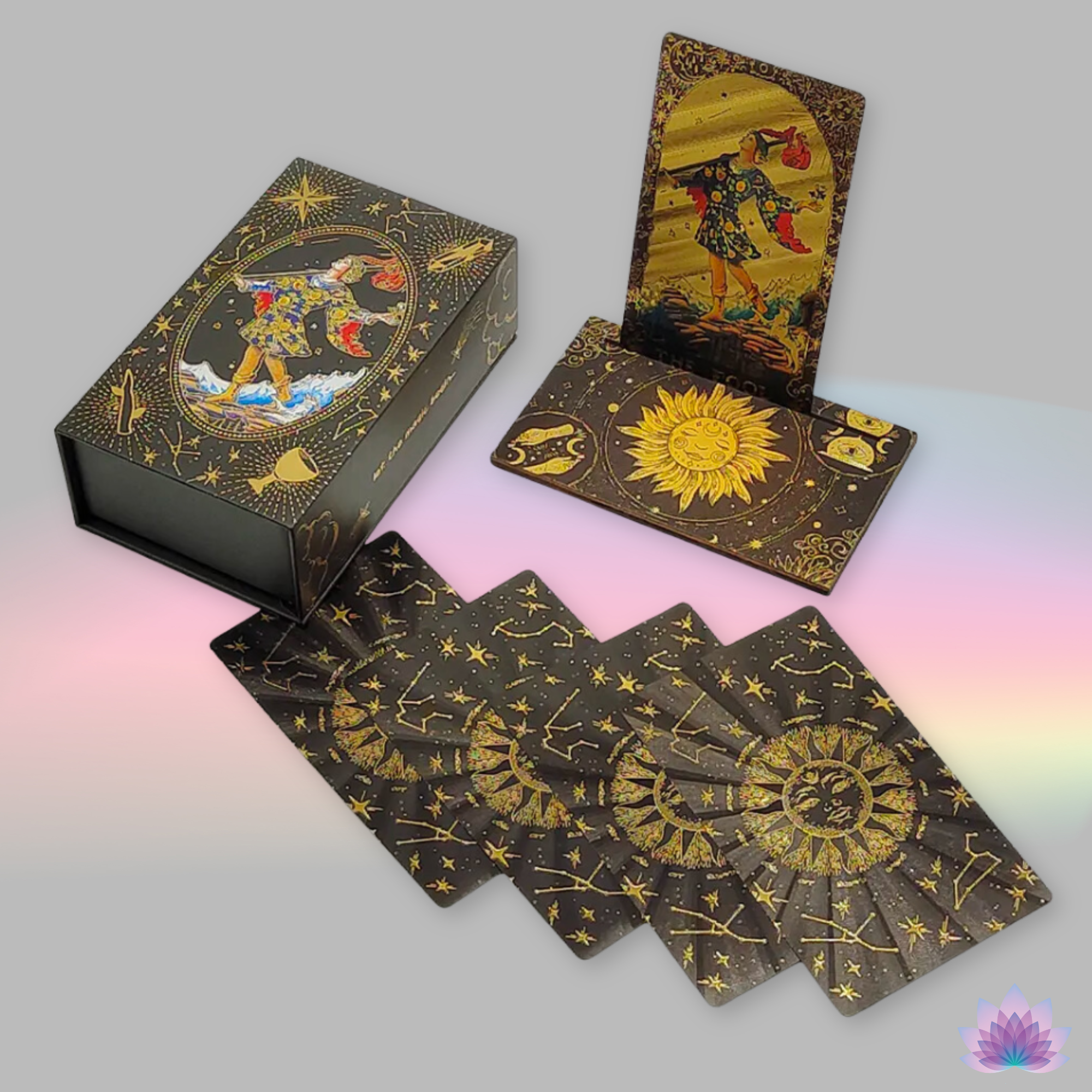 Gold Foil Tarot Deck On A Luxury Box With Wooden Card Stand And Guidebook For Beginner Divination Witch • Traditional Waite Premium Colored PVC Cards With Black Background And Gold Lines • Apollo Tarot Shop