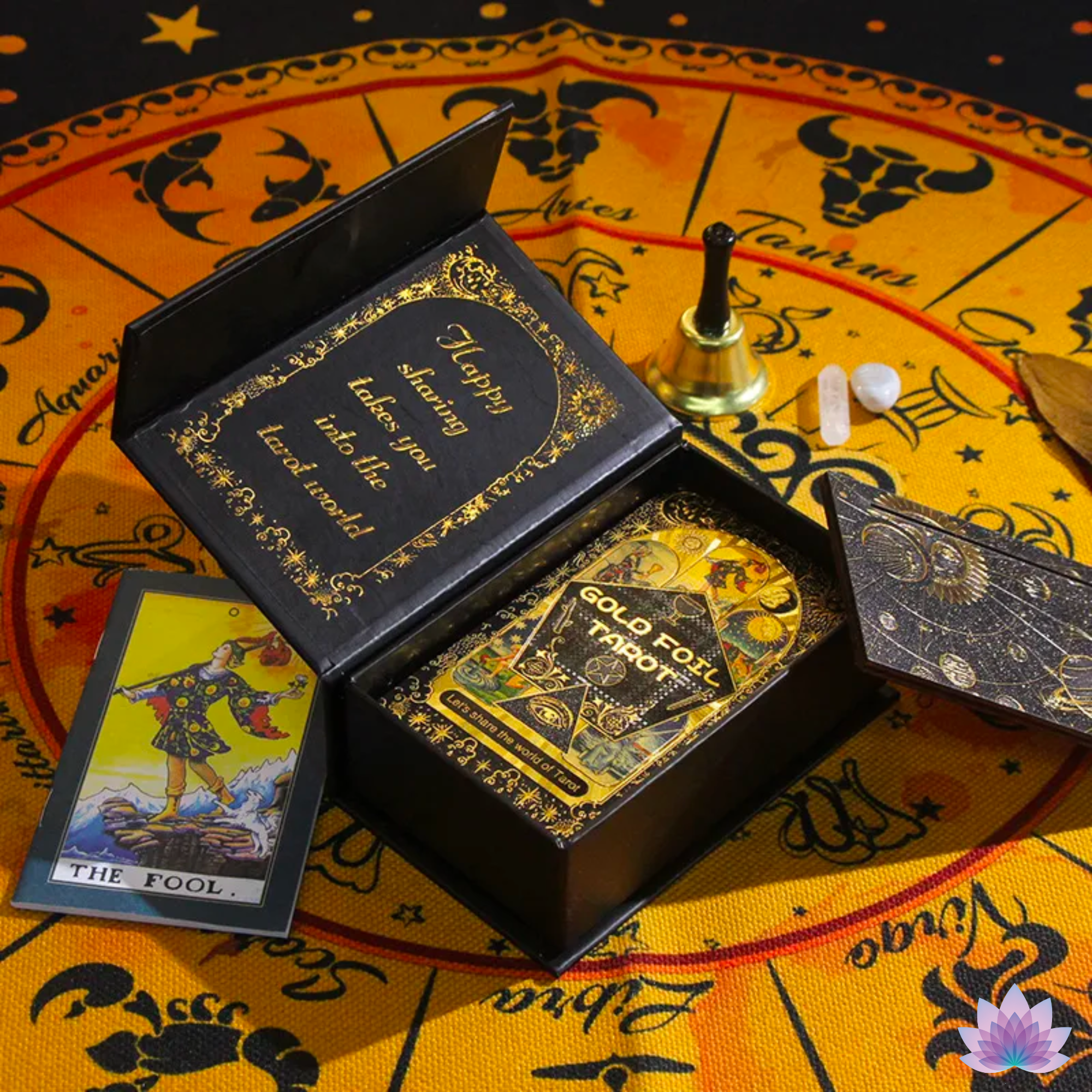 Gold Foil Tarot Deck On A Luxury Box With Wooden Card Stand And Guidebook For Beginner Divination Witch • Traditional Waite Premium Colored PVC Cards With Black Background And Gold Lines • Apollo Tarot Shop