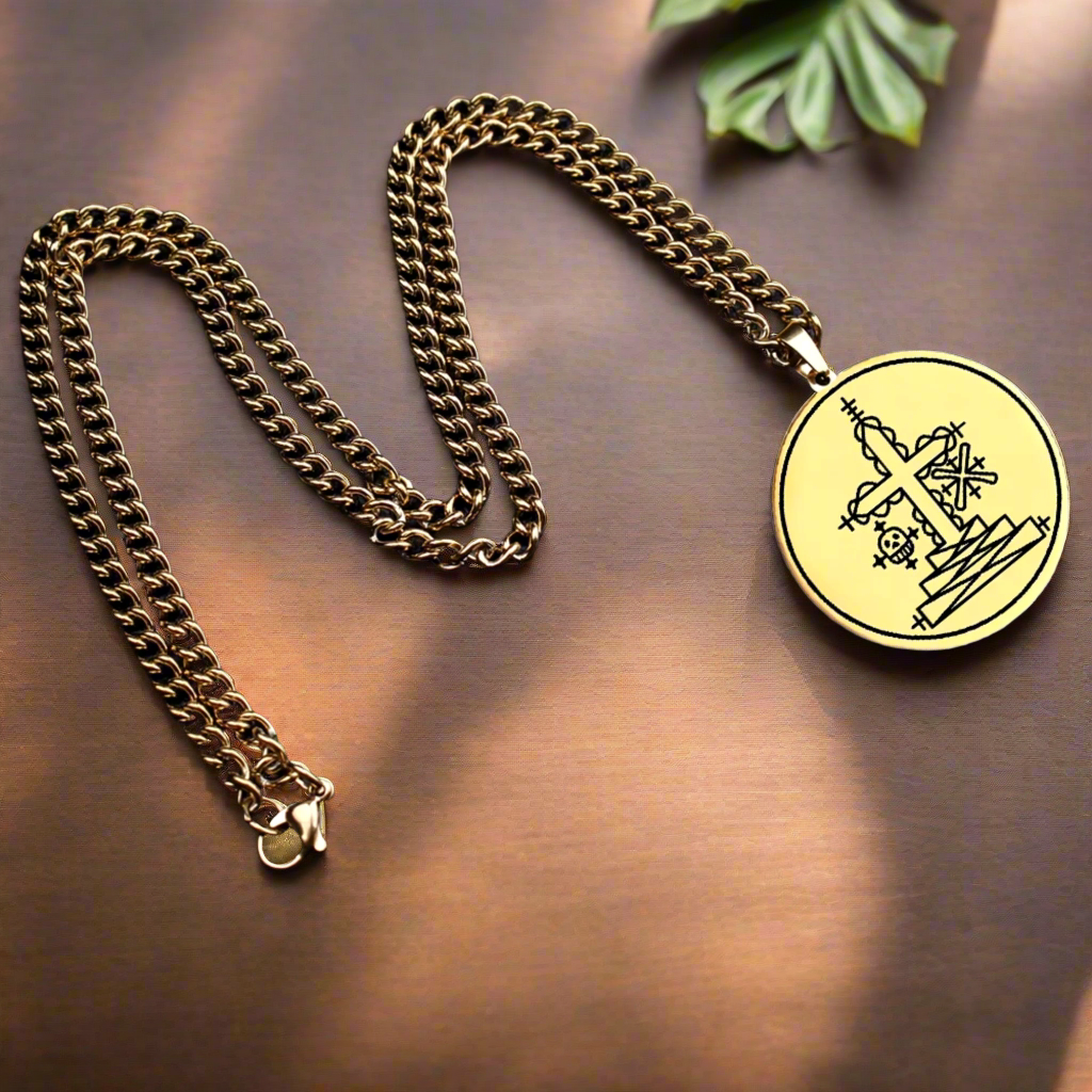 Gold Voodoo Veve Sigil Charm Necklace • Vodou Lwa Loa Amulet Talisman • Stainless Steel Pendant For Afro Spiritual Men And Witchy Women • Apollo Tarot Esoteric Jewelry Shop