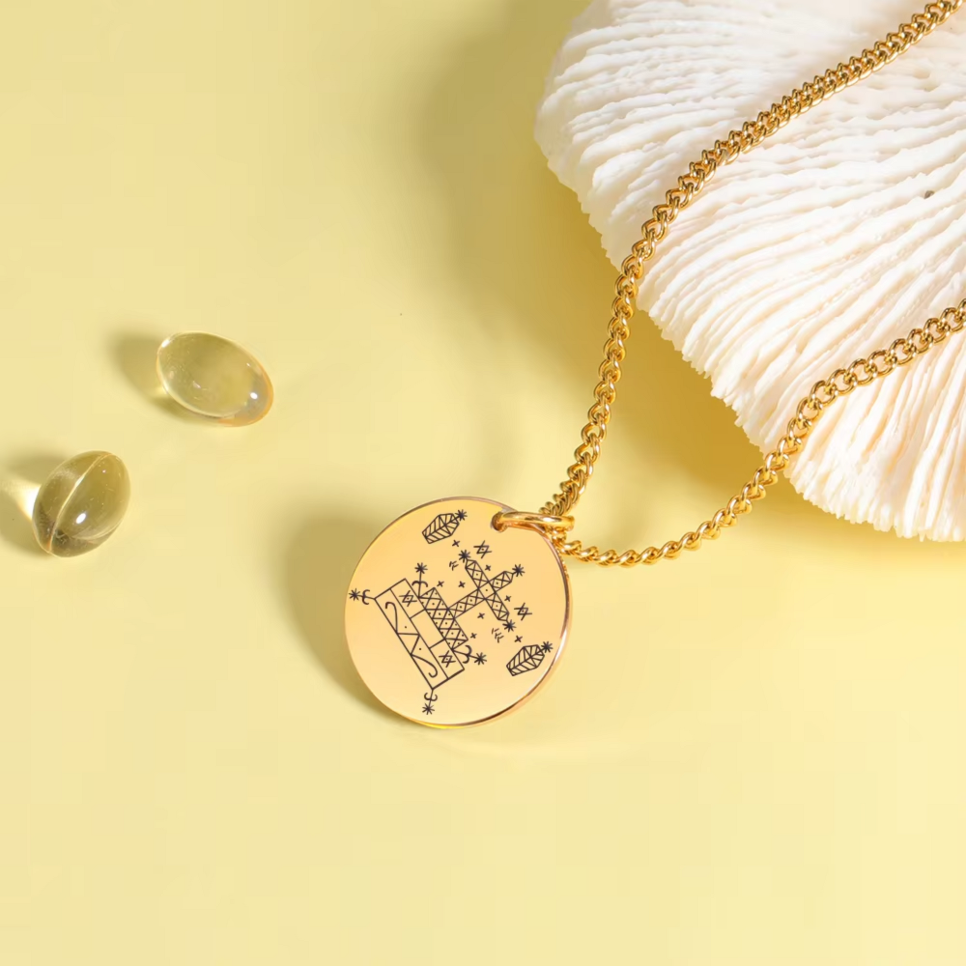 Gold Voodoo Veve Sigil Charm Necklace • Vodou Lwa Loa Amulet Talisman • Stainless Steel Pendant For Afro Spiritual Men And Witchy Women • Apollo Tarot Esoteric Jewelry Shop