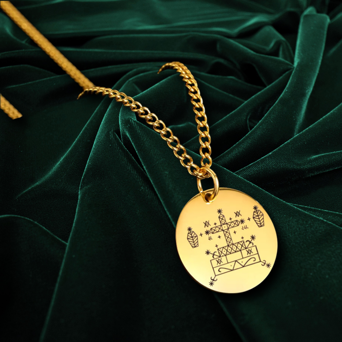 Gold Voodoo Veve Sigil Charm Necklace • Vodou Lwa Loa Amulet Talisman • Stainless Steel Pendant For Afro Spiritual Men And Witchy Women • Apollo Tarot Esoteric Jewelry Shop