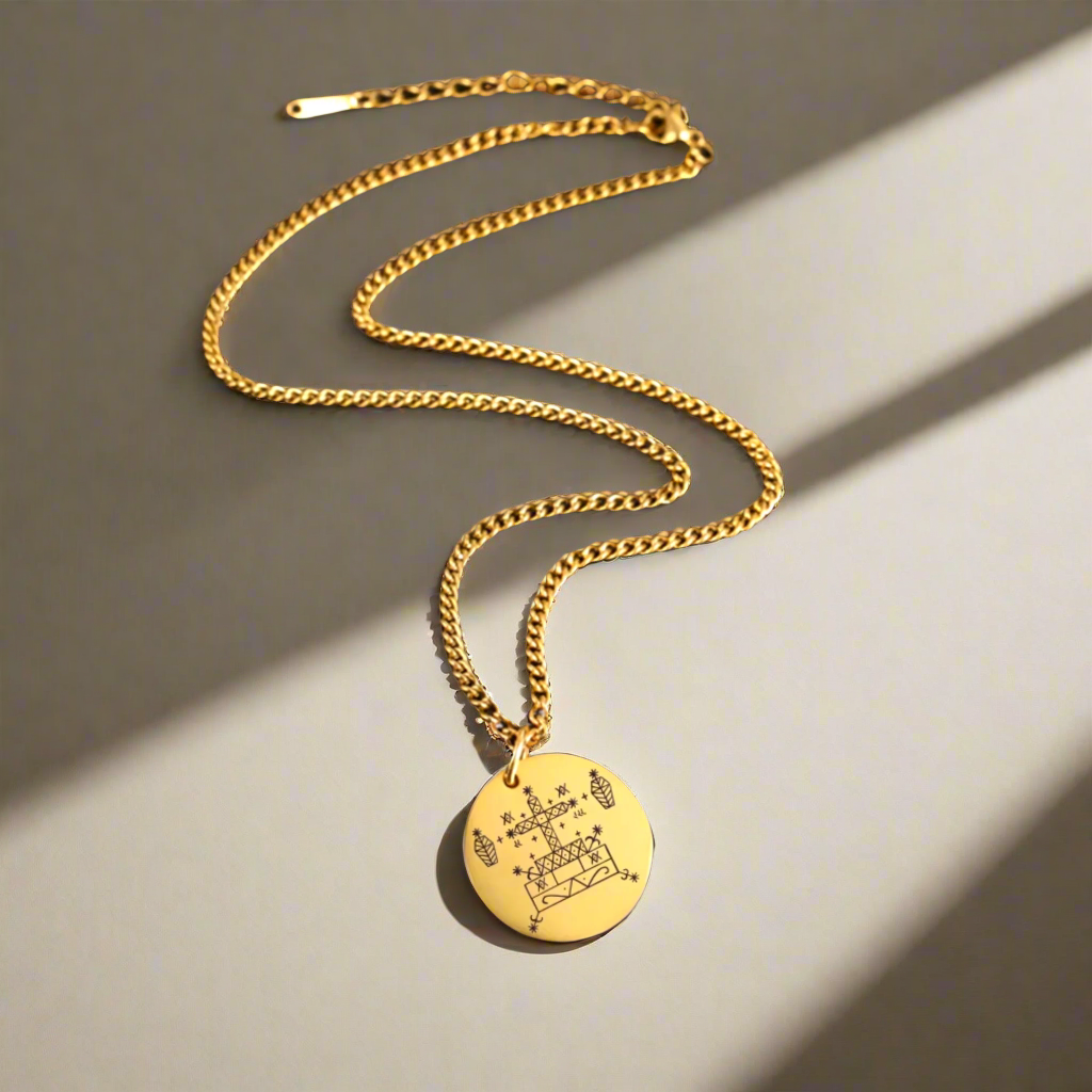 Gold Voodoo Veve Sigil Charm Necklace • Vodou Lwa Loa Amulet Talisman • Stainless Steel Pendant For Afro Spiritual Men And Witchy Women • Apollo Tarot Esoteric Jewelry Shop