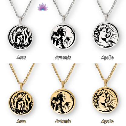 Greek Mythology Necklace | Ancient Deity Pagan Worship Round Pendant | Roman God & Goddess Silver Or Gold-Plated Stainless Steel Unisex Witchy Jewelry | Apollo Tarot Shop