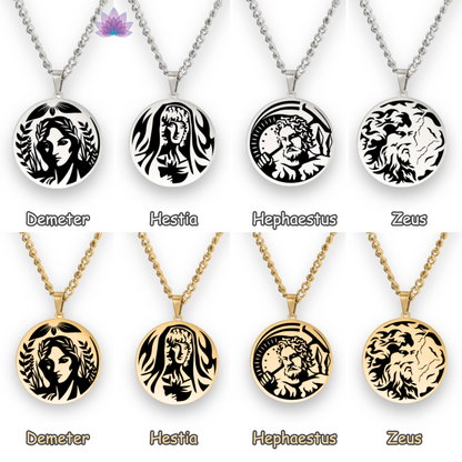 Greek Mythology Necklace | Ancient Deity Pagan Worship Round Pendant | Roman God & Goddess Silver Or Gold-Plated Stainless Steel Unisex Witchy Jewelry | Apollo Tarot Shop