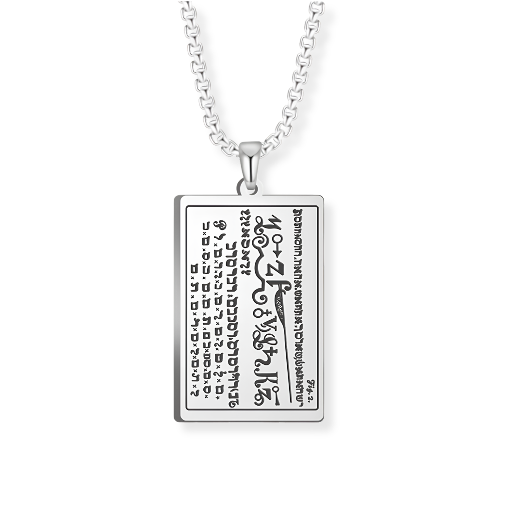 A silver rectangular pendant necklace featuring the First Seal Archangels script and religious text, suspended from a silver link chain against a plain white background.