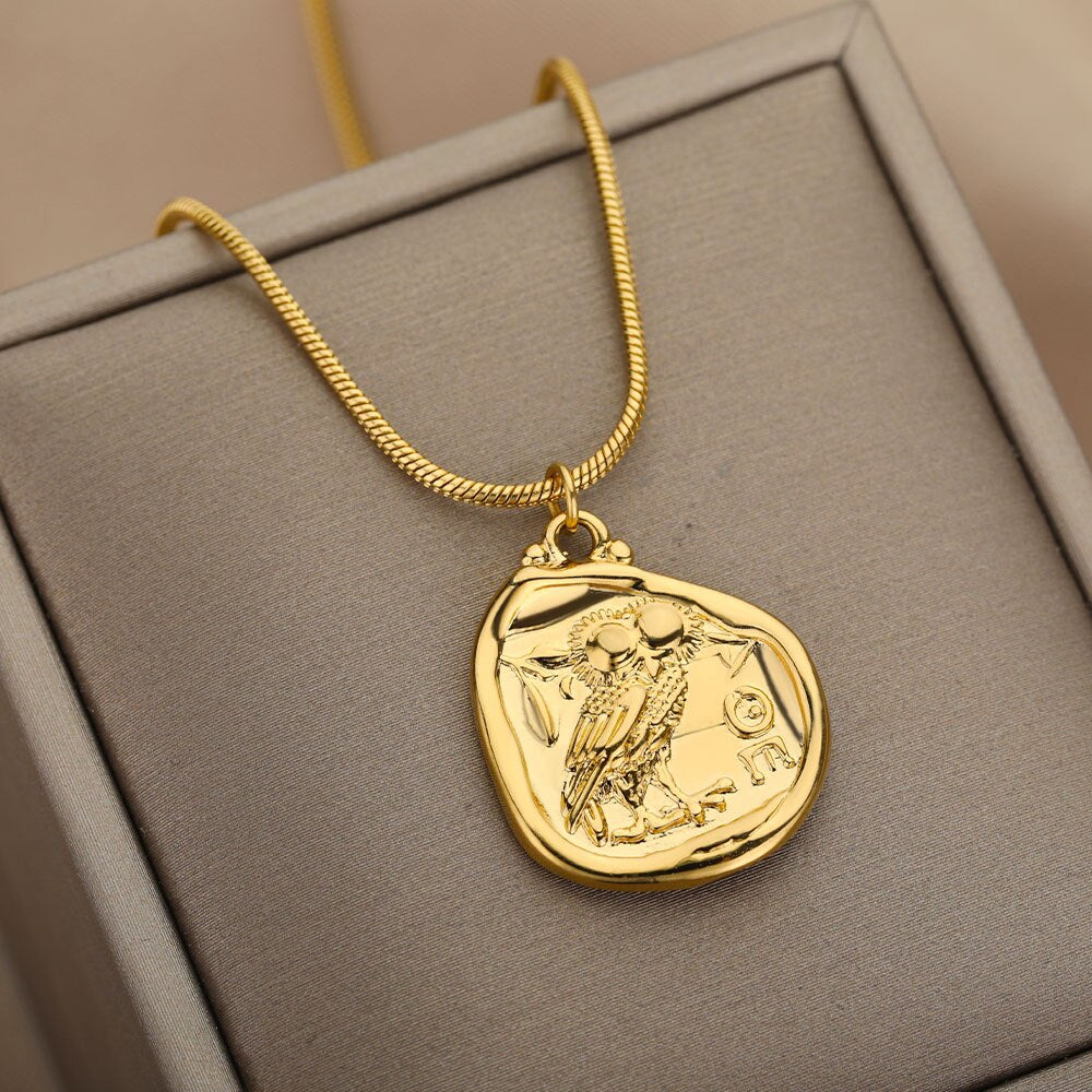 Athena Owl Coin Necklace | Ancient Greek Tetradrachm Choker | Athenian AOE Letters Carved Pendant | Freedom Jewelry Amulet | Apollo Tarot Shop