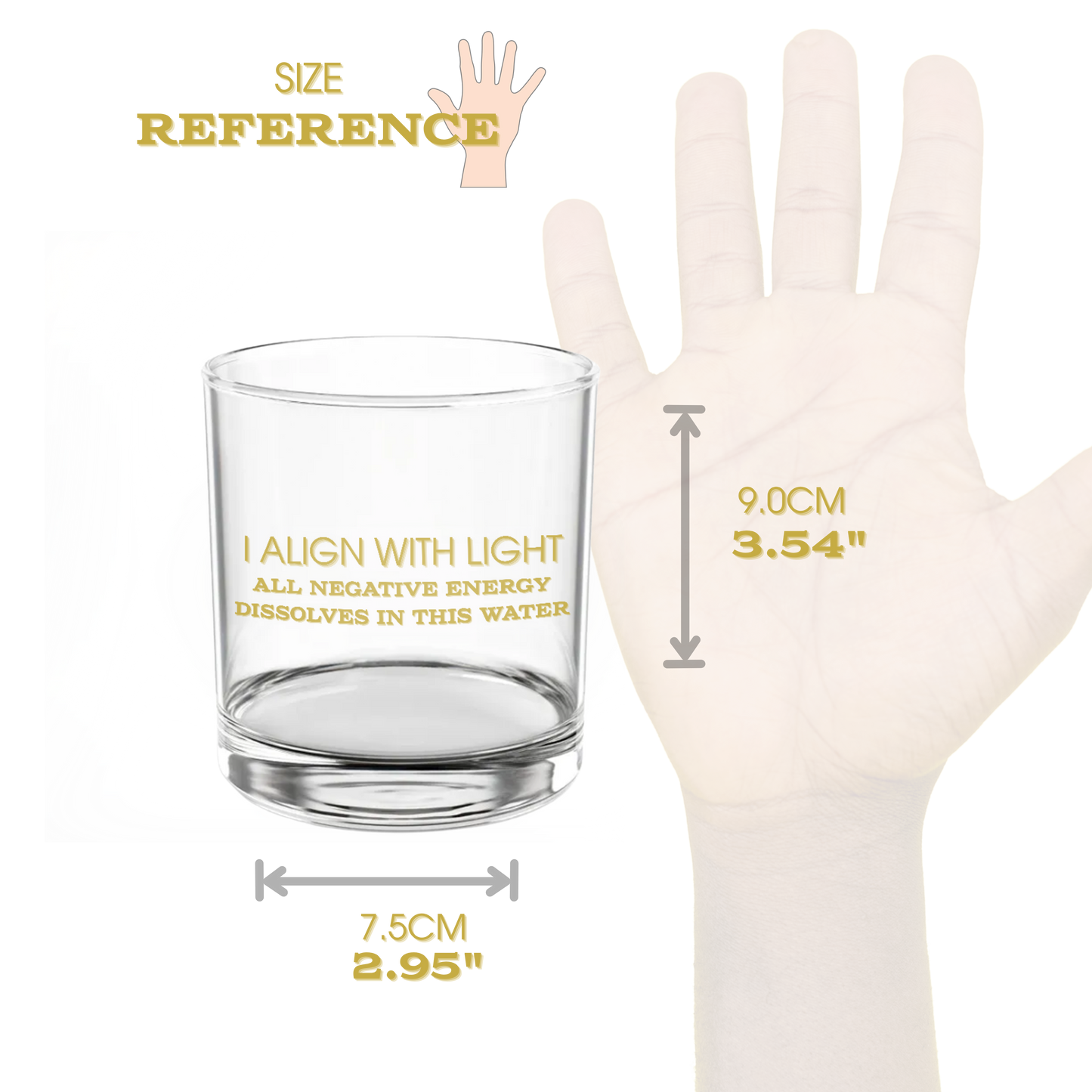 Clear glass mug with text and measurement chart next to a hand
