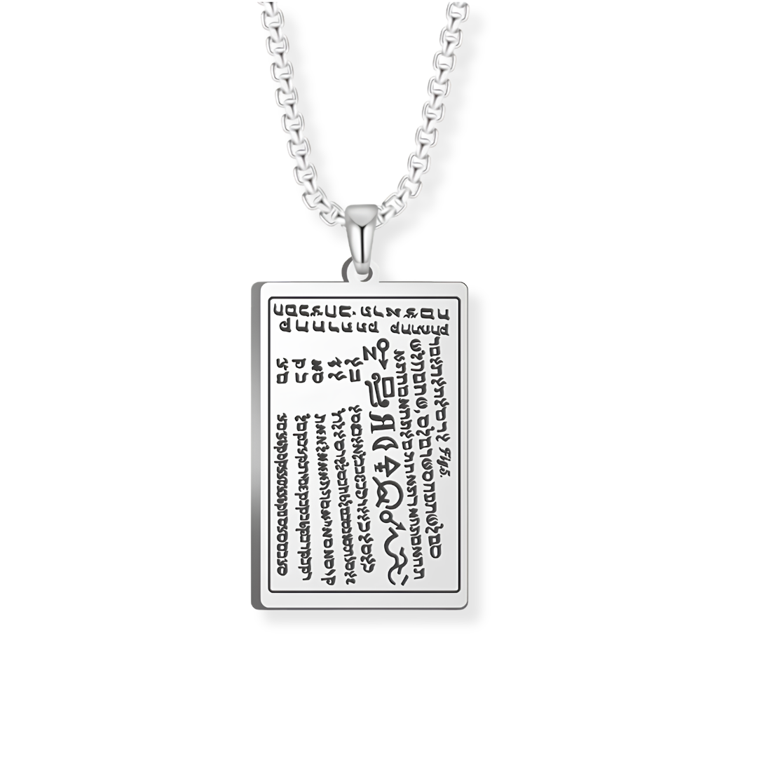 A silver rectangular pendant necklace featuring engraved script from the 6th and 7th Books of Moses, suspended from a silver box chain against a plain white background.