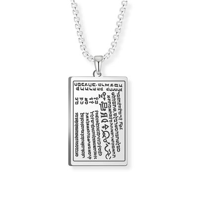 A silver rectangular pendant necklace featuring engraved script from the 6th and 7th Books of Moses, suspended from a silver box chain against a plain white background.