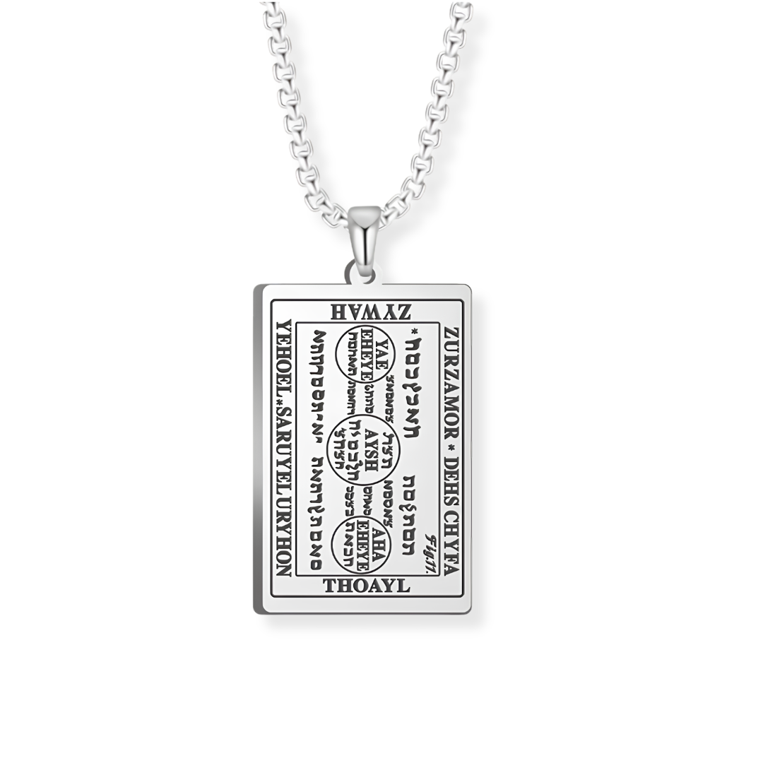 A silver rectangular pendant necklace featuring engraved script from the 6th and 7th Books of Moses, suspended from a silver box chain against a plain white background.