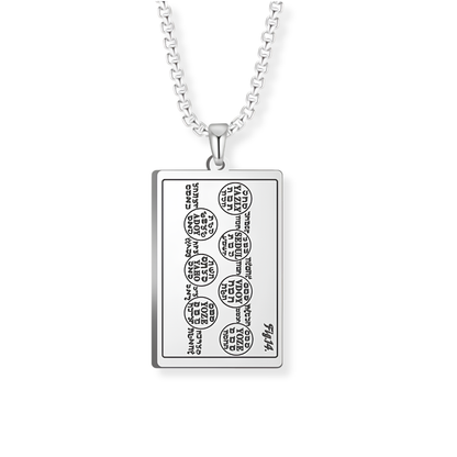 A silver rectangular pendant necklace featuring engraved script from the 6th and 7th Books of Moses, suspended from a silver box chain against a plain white background.