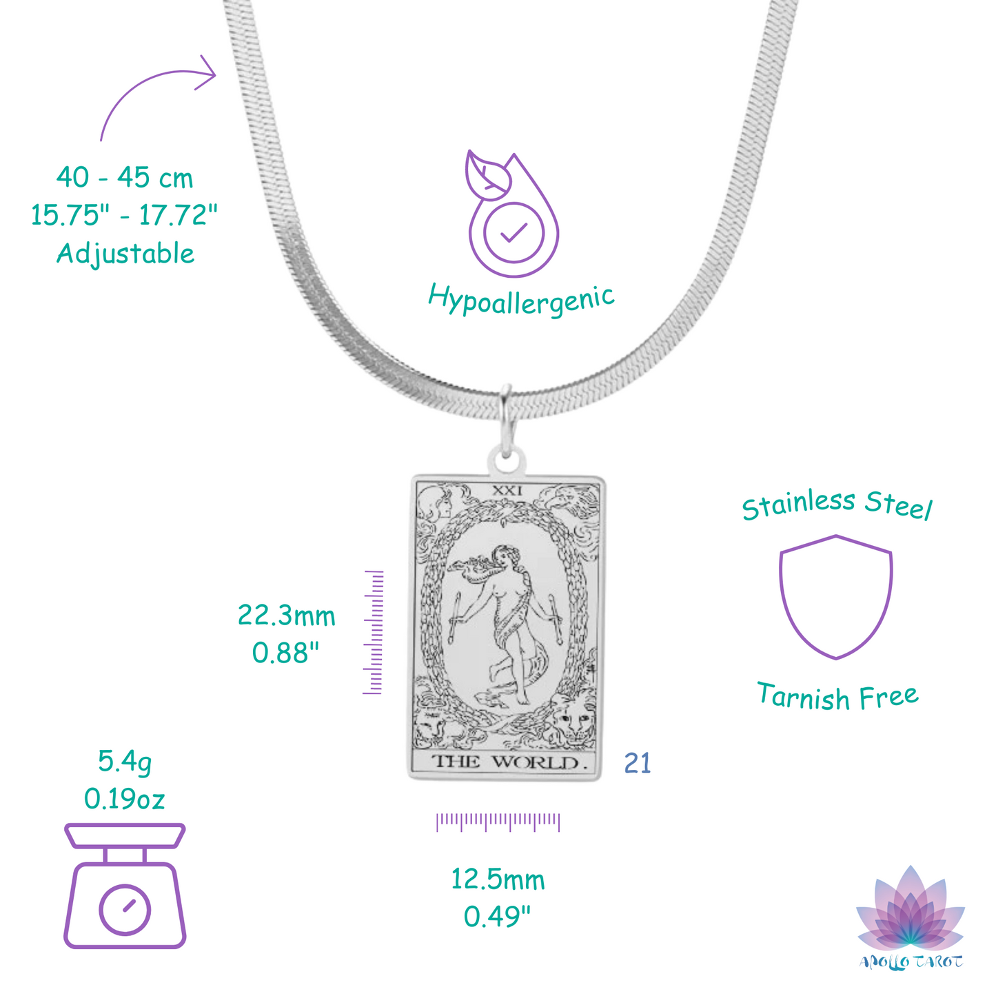 Tarot Card Snake Chain Choker Necklace | Dainty Stainless Steel Classic RWS Deck Charms | 22 Major Arcana Witchy Pendant