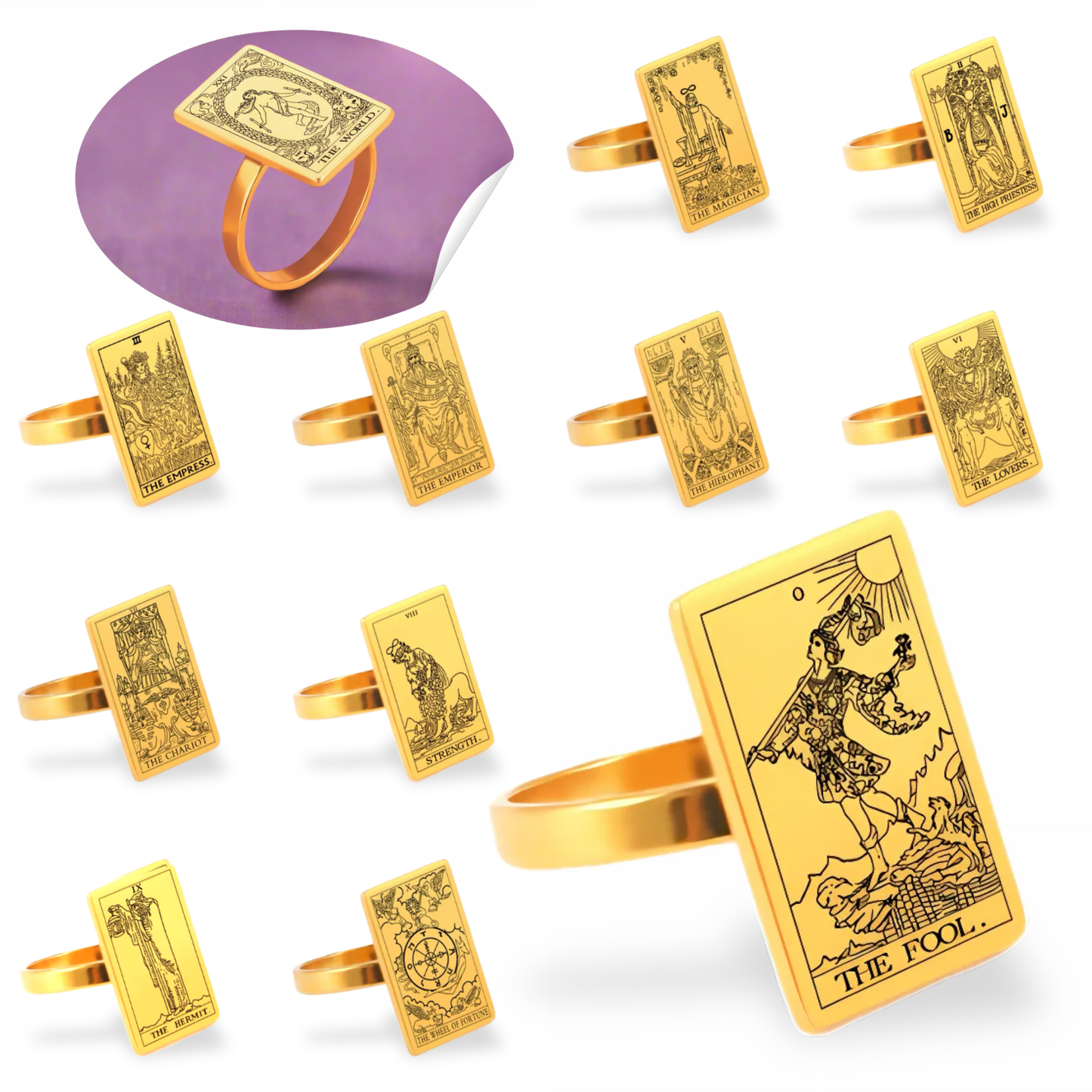 Tarot Card Gold Ring Collection • Major Arcana Waite Cards Laser Engraved Golden Rings For Spiritual Men Witchy Women • Apollo Tarot Shop