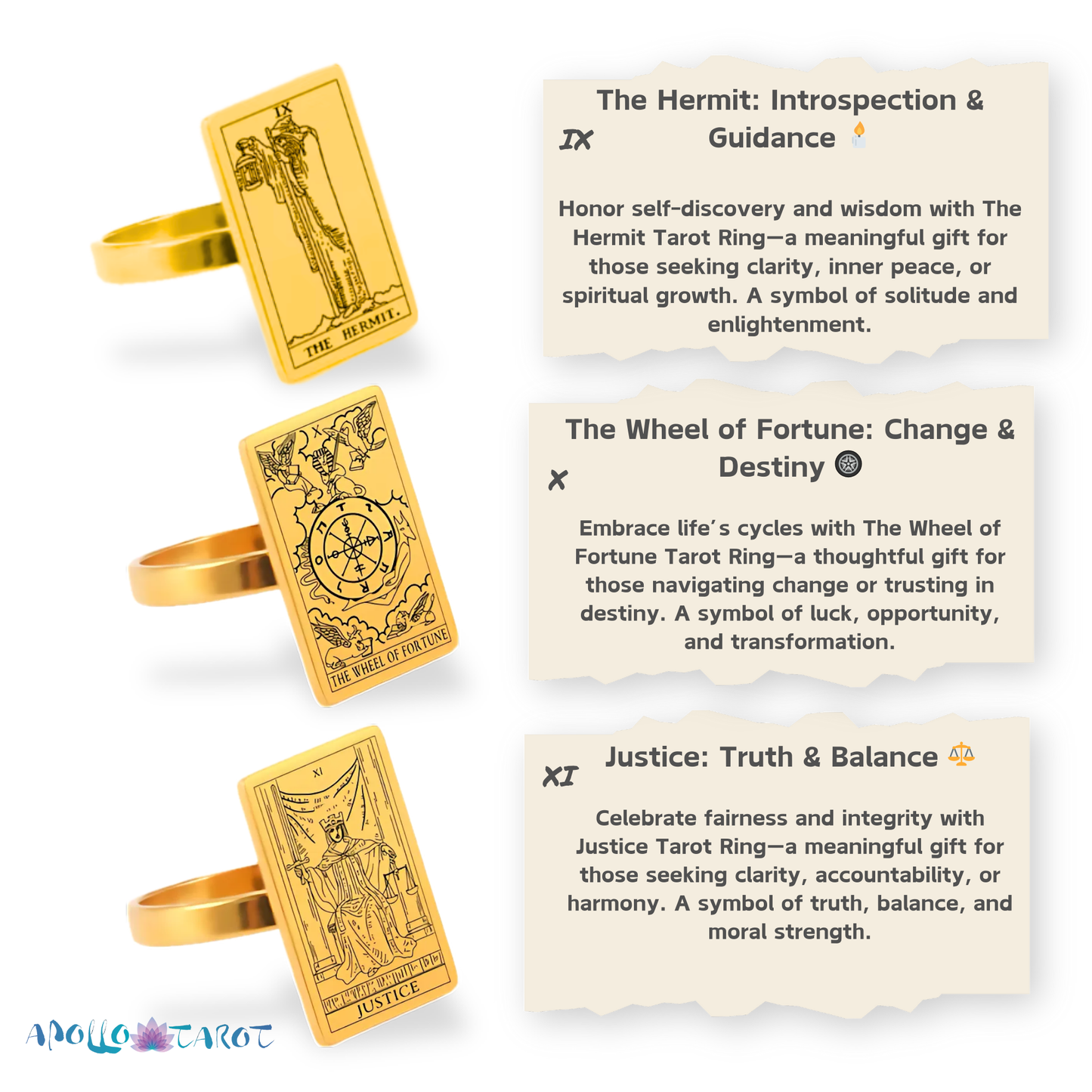 Tarot Card Gold Ring Collection • Major Arcana Waite Cards Laser Engraved Golden Rings For Spiritual Men Witchy Women • Apollo Tarot Shop