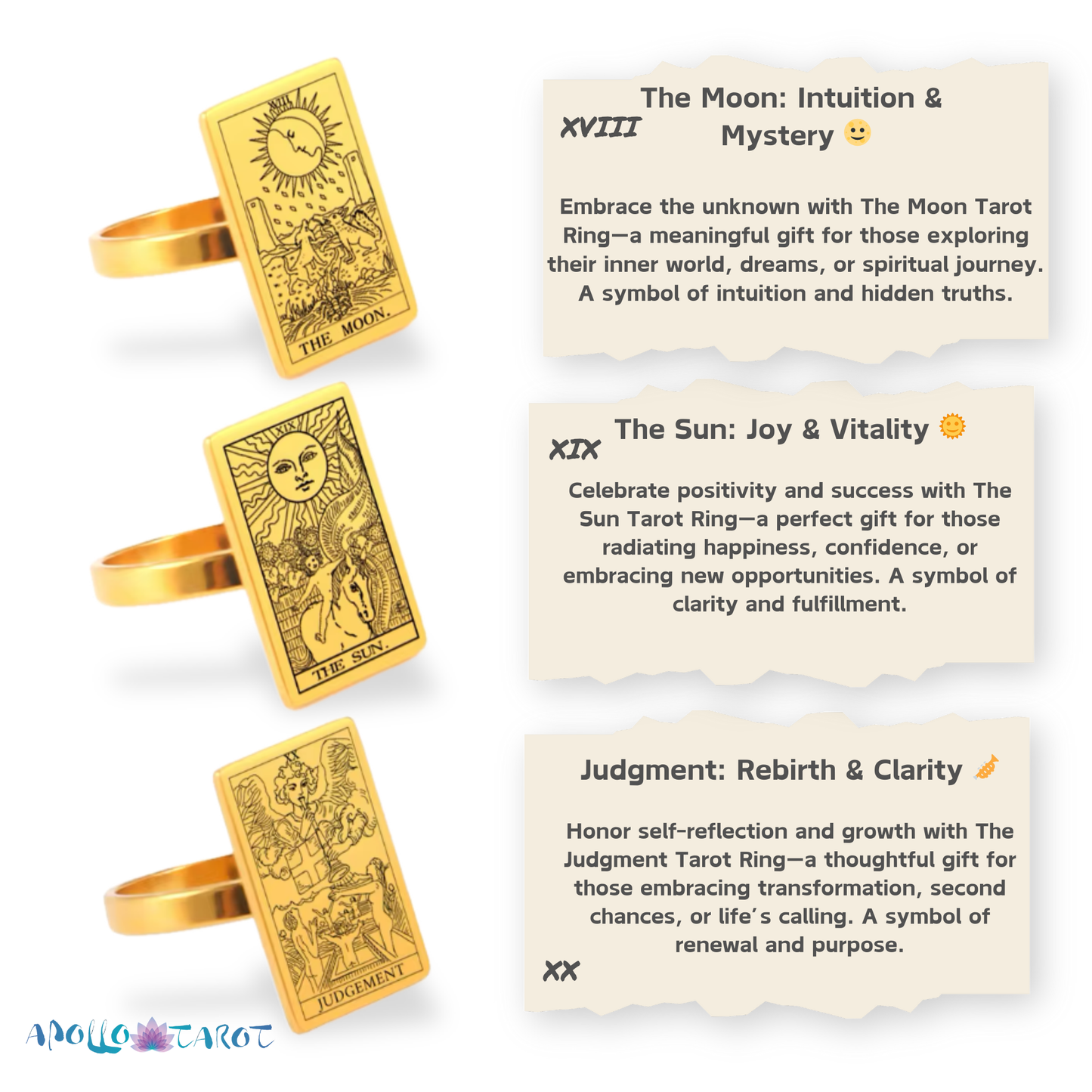 Tarot Card Gold Ring Collection • Major Arcana Waite Cards Laser Engraved Golden Rings For Spiritual Men Witchy Women • Apollo Tarot Shop