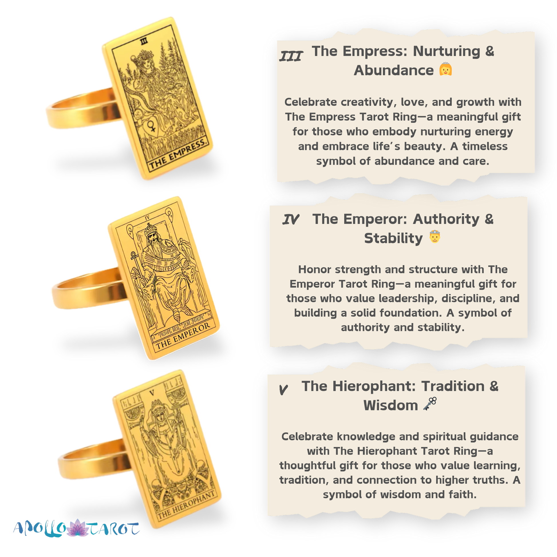 Tarot Card Gold Ring Collection • Major Arcana Waite Cards Laser Engraved Golden Rings For Spiritual Men Witchy Women • Apollo Tarot Shop