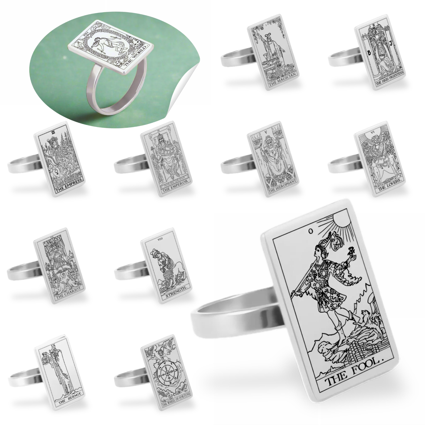 Silver Tarot Card Rings • Major Arcana Waite Cards Laser Engraved Ring For Spiritual Men Witchy Women