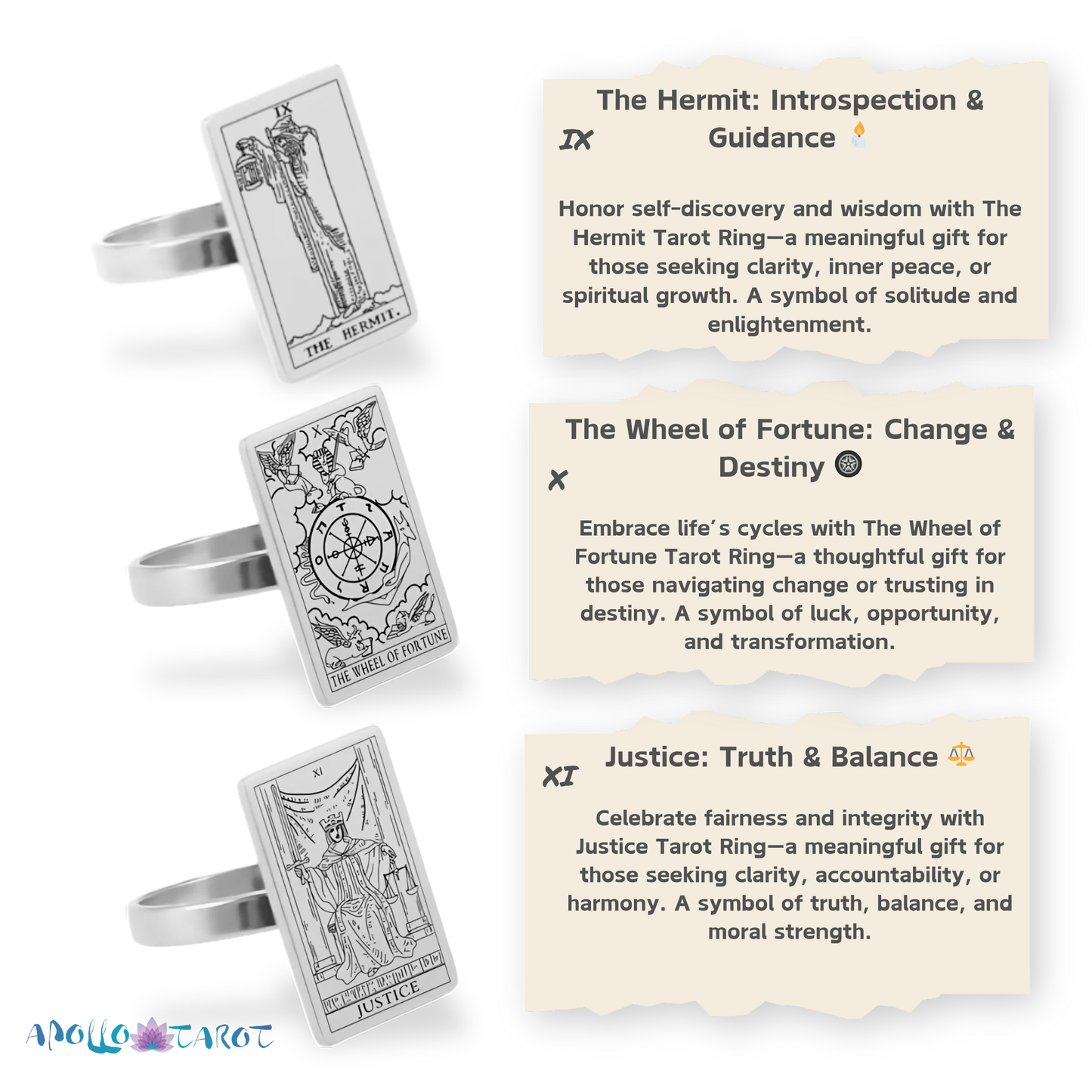 Silver Tarot Card Rings • Major Arcana Waite Cards Laser Engraved Ring For Spiritual Men Witchy Women