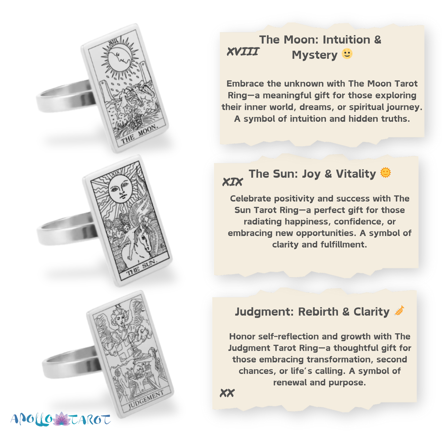 Silver Tarot Card Rings • Major Arcana Waite Cards Laser Engraved Ring For Spiritual Men Witchy Women