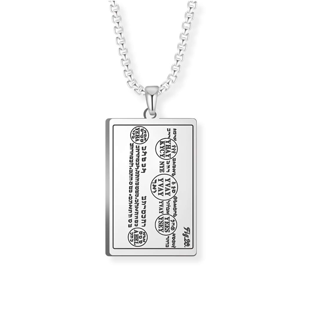 A silver rectangular pendant necklace featuring engraved script from the 6th and 7th Books of Moses, suspended from a silver box chain against a plain white background.
