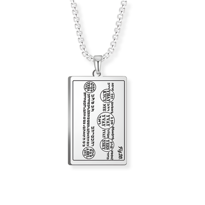 A silver rectangular pendant necklace featuring engraved script from the 6th and 7th Books of Moses, suspended from a silver box chain against a plain white background.