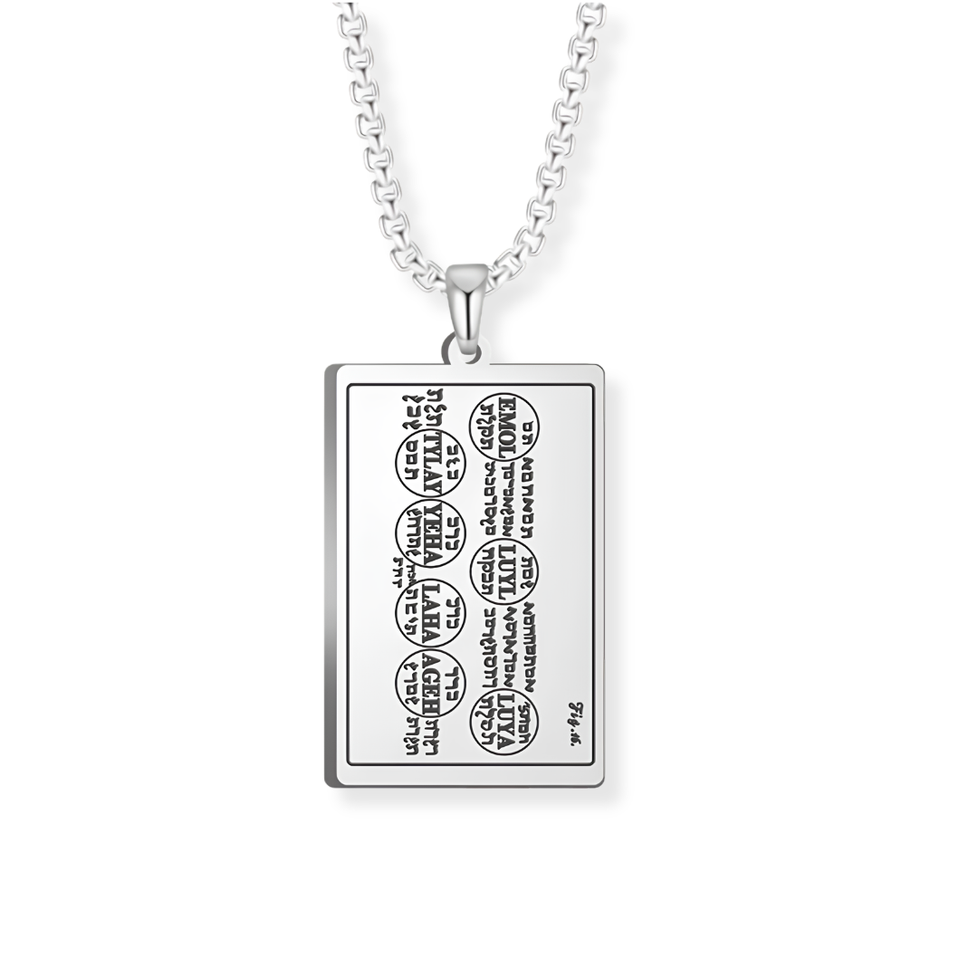 A silver rectangular pendant necklace featuring the Seventh Table of the Spirits of Mars engraved in black lettering, suspended from a silver cable chain against a plain white background.