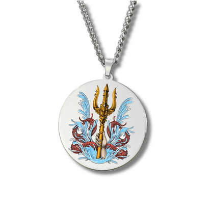 Poseidon (Neptune) Necklace • Sea God & Trident Greek Mythology Talisman • Colored Engraved Stainless-Steel Round Pendant