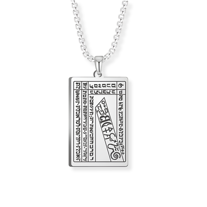 A silver rectangular pendant necklace featuring engraved script from the 6th and 7th Books of Moses, suspended from a silver box chain against a plain white background.