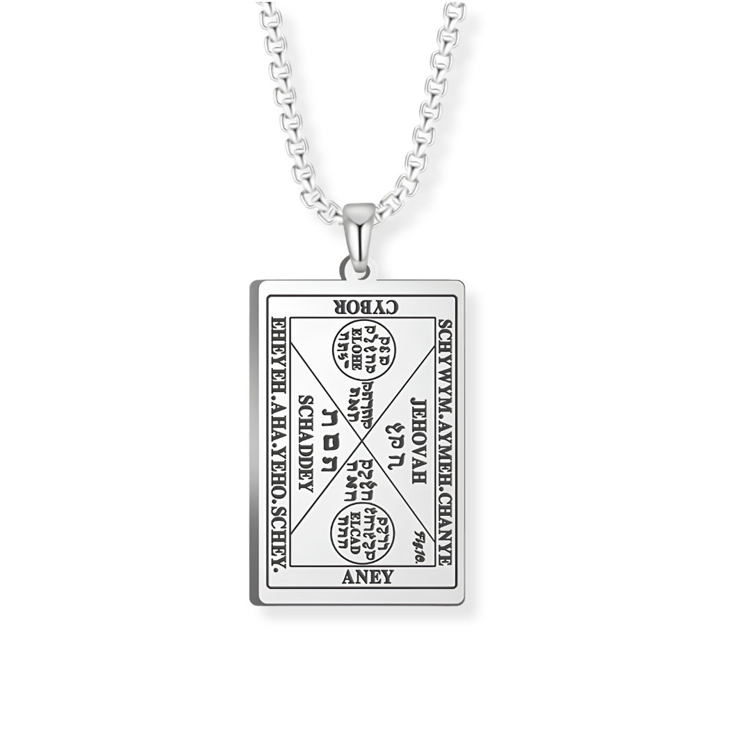 A silver rectangular pendant necklace featuring engraved script from the 6th and 7th Books of Moses, suspended from a silver box chain against a plain white background.