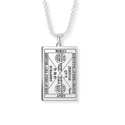 A silver rectangular pendant necklace featuring engraved script from the 6th and 7th Books of Moses, suspended from a silver box chain against a plain white background.