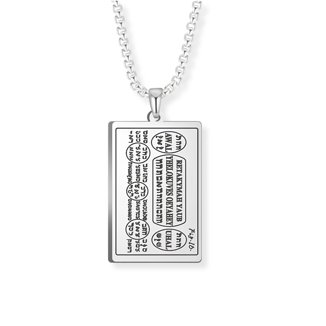 A silver rectangular pendant necklace featuring engraved script from the 6th and 7th Books of Moses, suspended from a silver box chain against a plain white background.