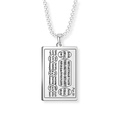 A silver rectangular pendant necklace featuring engraved script from the 6th and 7th Books of Moses, suspended from a silver box chain against a plain white background.