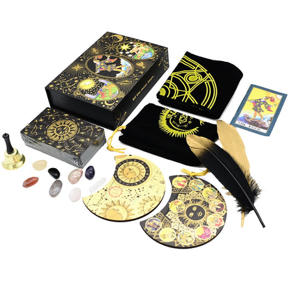 Gold Foil Tarot Deck • Deluxe Box + Witchy Gift Set & Beginner's Guidebook • Premium Golden Wear-Resistant Cards + Wooden Stand, Feathers, Crystals, Bell, Tablecloth, Bag • Apollo Tarot Shop