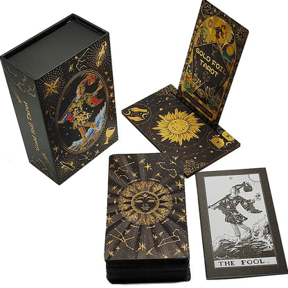 Gold Foil Tarot Deck On A Luxury Box With Wooden Card Stand And Guidebook For Beginner Divination Witch • Traditional Waite Premium Colored PVC Cards With Black Background And Gold Lines • Apollo Tarot Shop