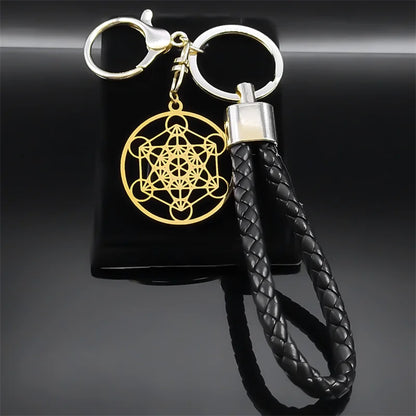 Metatron Cube Stainless Steel Keyring With Vegan Leather Holder • Sacred Geometry Solomon Magick Witchy Keychain • Spiritual Jewelry Gift • Apollo Tarot Shop