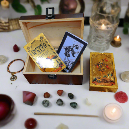 Gold Foil Tarot Deck In A Wooden Gift Box • Universal Tarot Deck Luxury Divination Set Containing Carved Wood Box, Tablecloth, And Guidebook