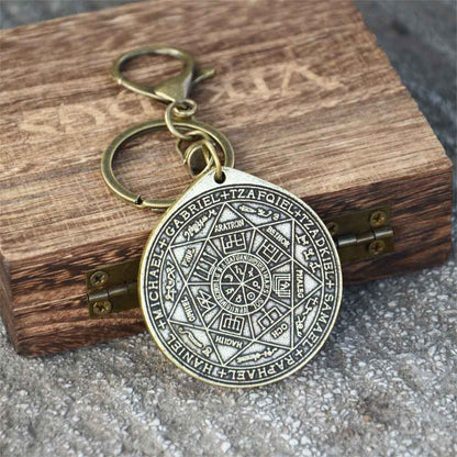 Seven Archangels Sigil Keychain | The Seal Of The Seven Archangels Antique Silver Or Bronze Plated Round Key Pendant | Solomon Kabbalah Amulet Keyring