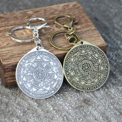 Seven Archangels Sigil Keychain | The Seal Of The Seven Archangels Antique Silver Or Bronze Plated Round Key Pendant | Solomon Kabbalah Amulet Keyring